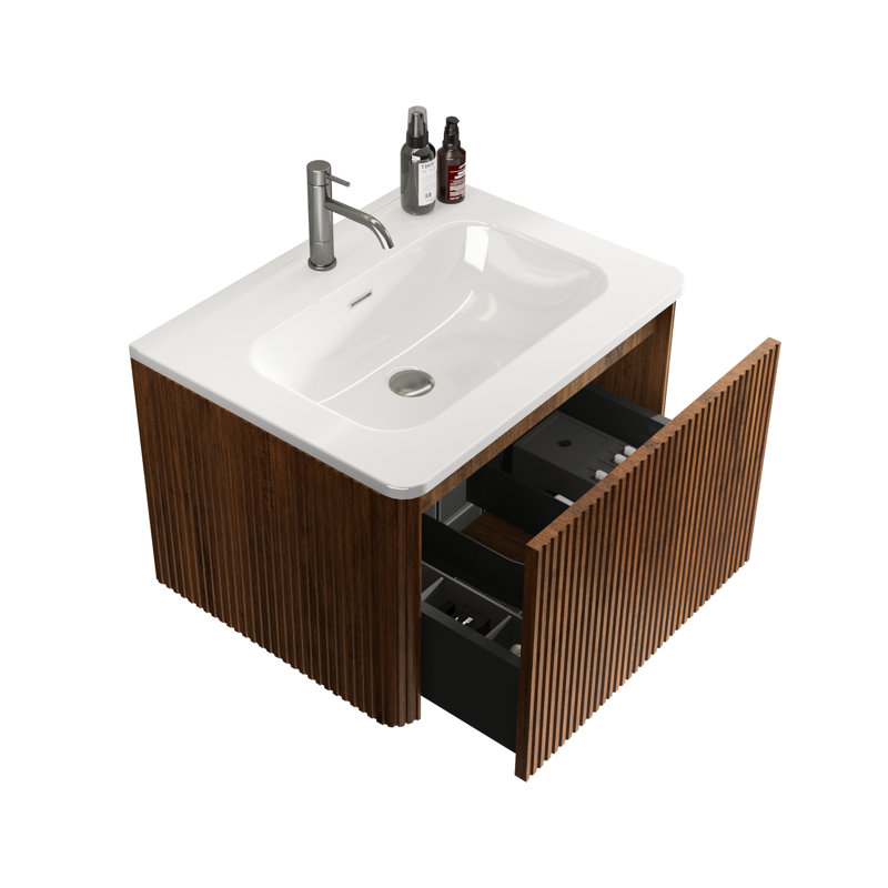 24" Bathroom Vanity - Striped Walnut White Ceramic Sink Wall Mounted Curved Edges Elegant Look Modern Appeal, Walnut, 24"