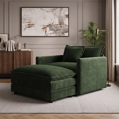 Méridienne rembourrée avec repose-pieds assorti et coussins moelleux, vert foncé
