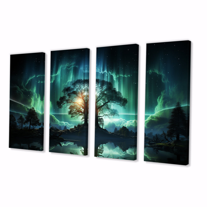 Emerald Tree In Northern Lights I - Ensemble de 4 décorations murales arbre, H 28 po x l 48 po