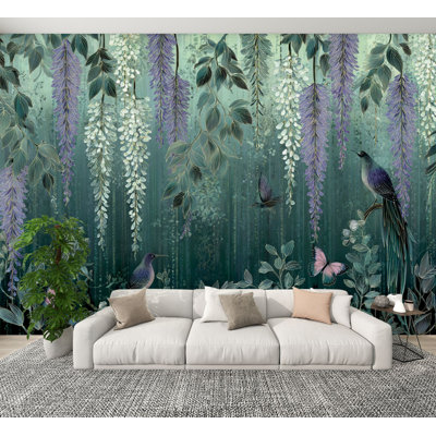 Floral Peel and Stick Wallpaper Detailed Nature Featuring Willow Wisteria Tropical Birds Wall Murals 100"H x 144"W Removable PVC Wall Paper Self-Adhesive Wall Decor for Bedroom Living Room Home Office