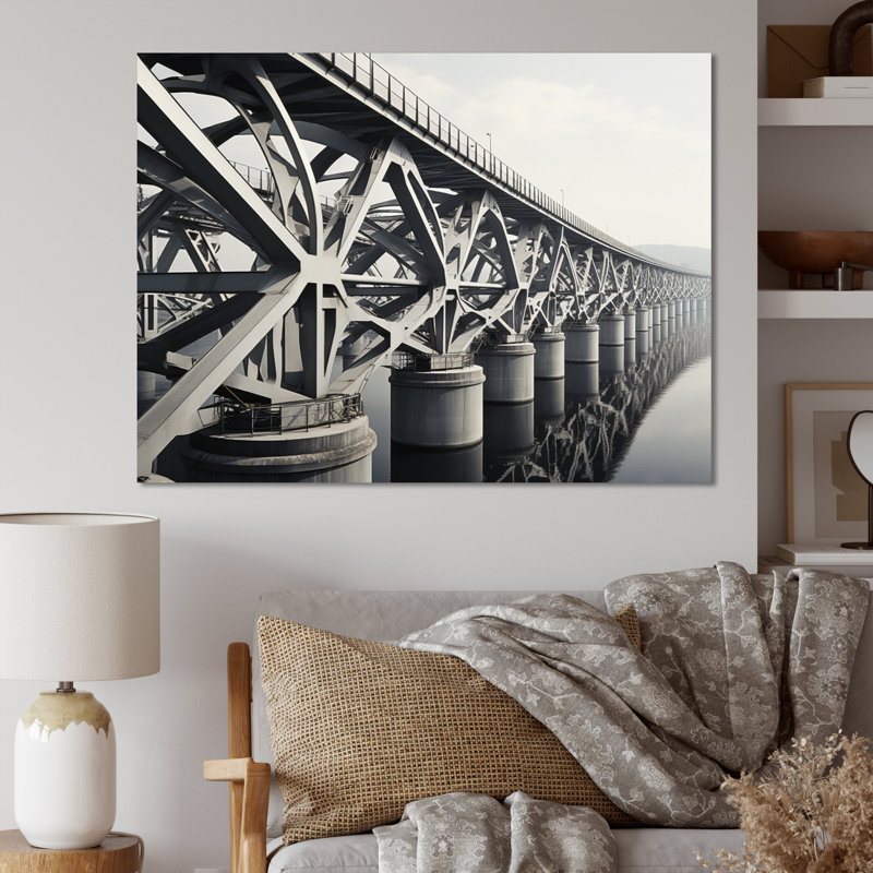 Edorta pont gris avec traverses monochromes graphite I - impression, H 24 po x l 32 po, Black Picture Framed