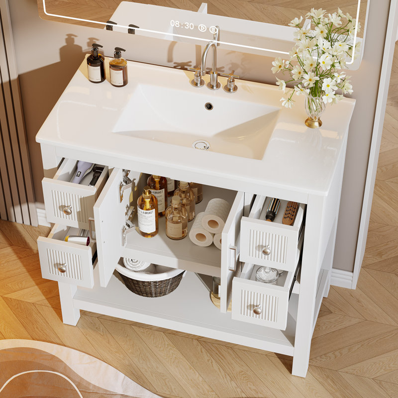 36 Inch Single Bathroom Vanity With Ceramic Top, Sink Included, White/Stainless Steel , 36", 6