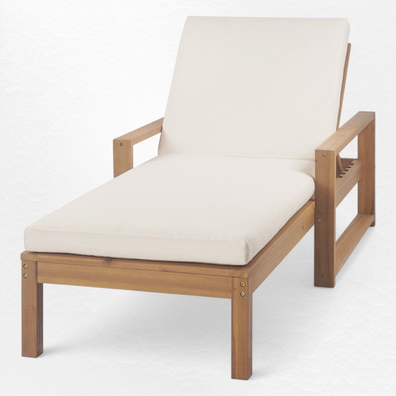 Chaise longue d'extérieur en bois massif avec coussin, Teck clair