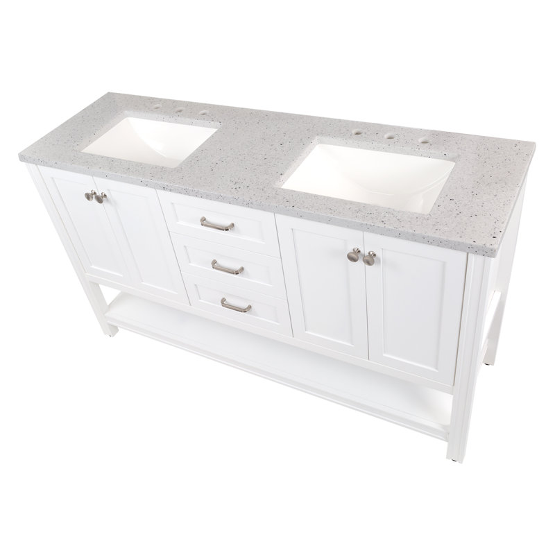 Nurtene 60'' Double Bathroom Vanity with Poly Marble Top, Silver Ash, White