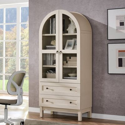 71" Tall Arched Bookshelf, 4-Tier Bookcase with Glass Doors and Shelves, Wooden Display Cabinet w/2 Large Storage Drawers, Modern Farmhouse Versatile Bookshelf for Living Room, Study, Office