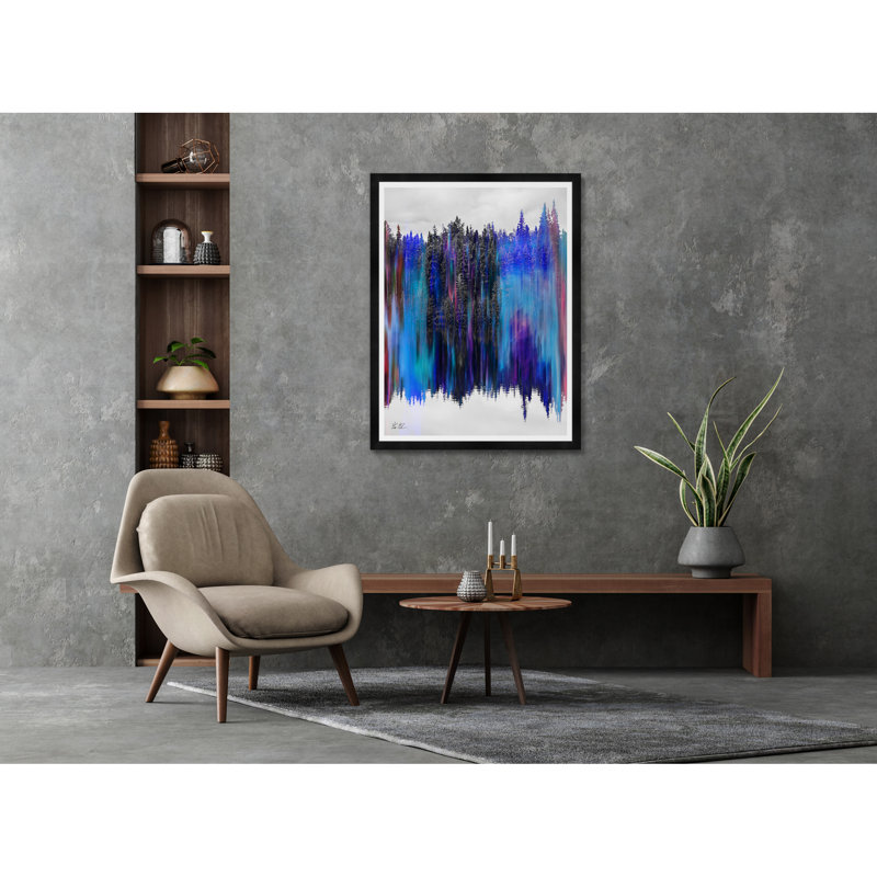 Paysage d'arbre réfléchissant en bleu, H 42 po x l 32 po x P 1,5 po, Lustre photo encadré, Noir
