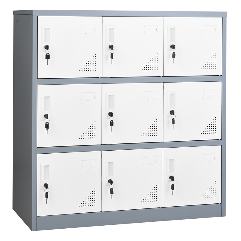 9 Doors Metal Locker, Lockable Steel Storage Cabinet, 66 lbs Loading Capacity, 2 Keys for Each Door, 3 Tiers Employee Lockers for Office, School, Gym, Easy Assembly, 35.4 x 17.7 x 37 in, Gray