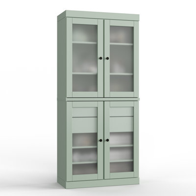  32" W x 71.5" H 100% Solid Wood Freestanding Bathroom Storage Cabinet with Frosted Glass Doors, 2 Drawers & Adjustable Shelves – Modern Bathroom Organizer