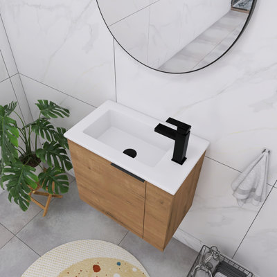 Meuble-lavabo mural simple 1 place Madilene, comptoir flottant 1 porte, comptoir en céramique blanc