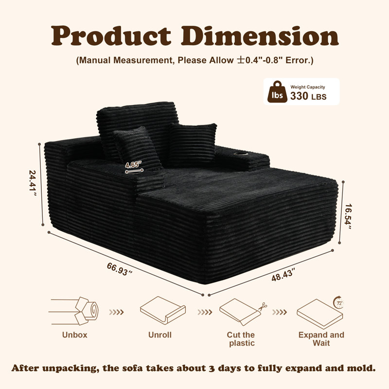 Méridienne 66,92 po Cloud-Like Sleeper - Revêtement en velours côtelé inspiré de la fourrure avec porte-gobelets, aucun assemblage requis