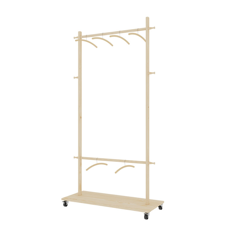 Séchoir à vêtements en bois massif avec 6 cintres en bois, conception compacte, tablette réglable et roulettes pour faciliter le déplacement - parfait pour la chambre à coucher, le salon ou le vestibule