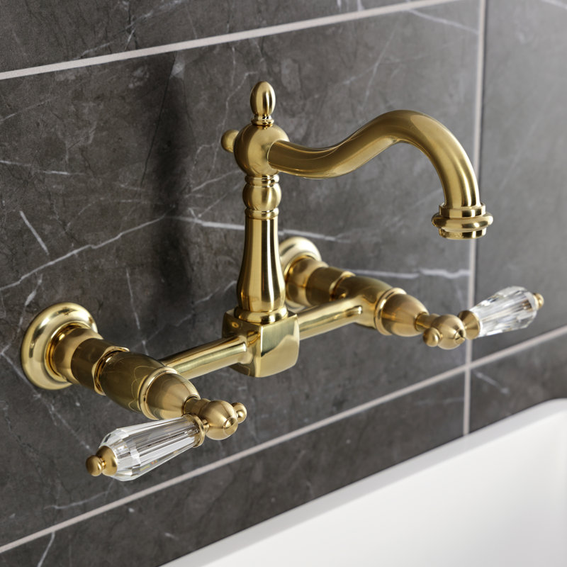 Kingston Brass Double-Handle 2-Hole Wall-Mount Bridge Kitchen Faucet, Lever Handle, Brushed Brass