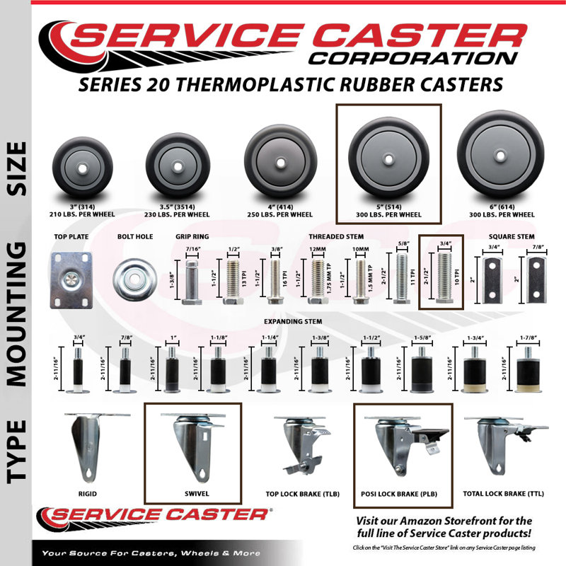 Rubber ½ Inch Threaded Stem Caster Set with Brake