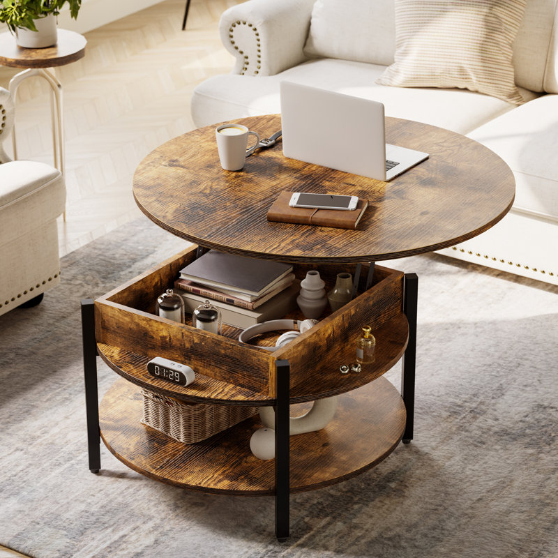  Table basse à plateau relevable en bois avec rangement Wynny, H 18 po x l 27 po x P 27 po, Brun rustique