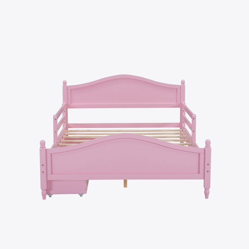 Wood Platform Bed with Guardrails on Both Sides and Two Storage Drawers ,Pink, Full