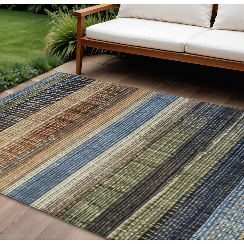 Tapis extérieur lavable rayé bleu et brun 10 pi x 14 pi