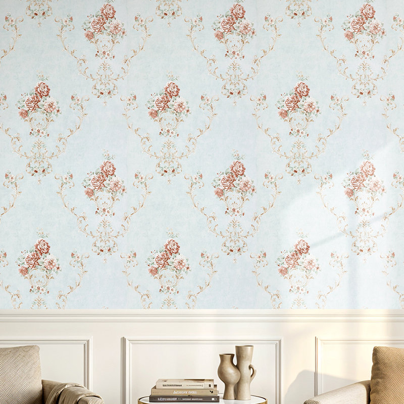 Vintage Non-Pasted Non-Woven 3D Embossed Wallpaper Roll, Blue