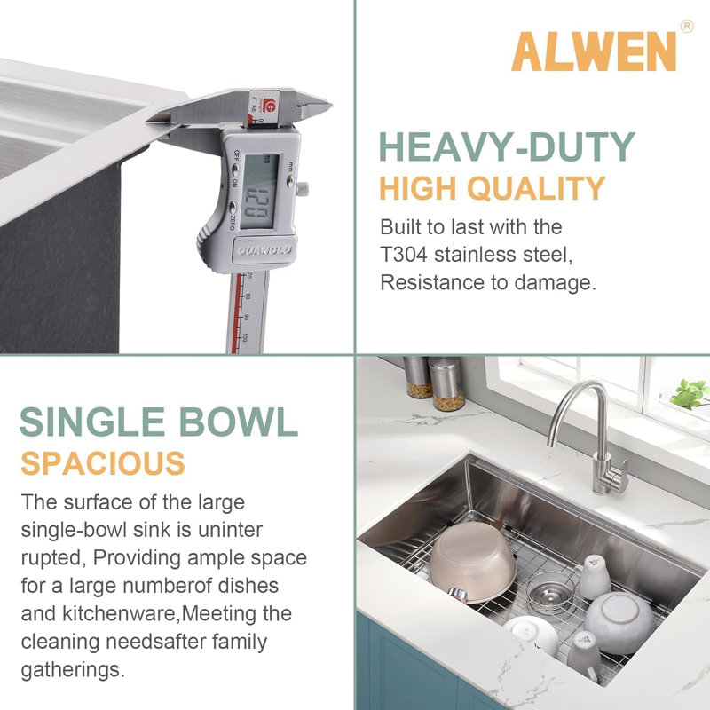 32 inch Undermount Workstation Kitchen Sink, ALWEN Stainless Steel Kitchen Sink, 32" x 18" Single Bowl Sink R10 Tight Radius with cutting board