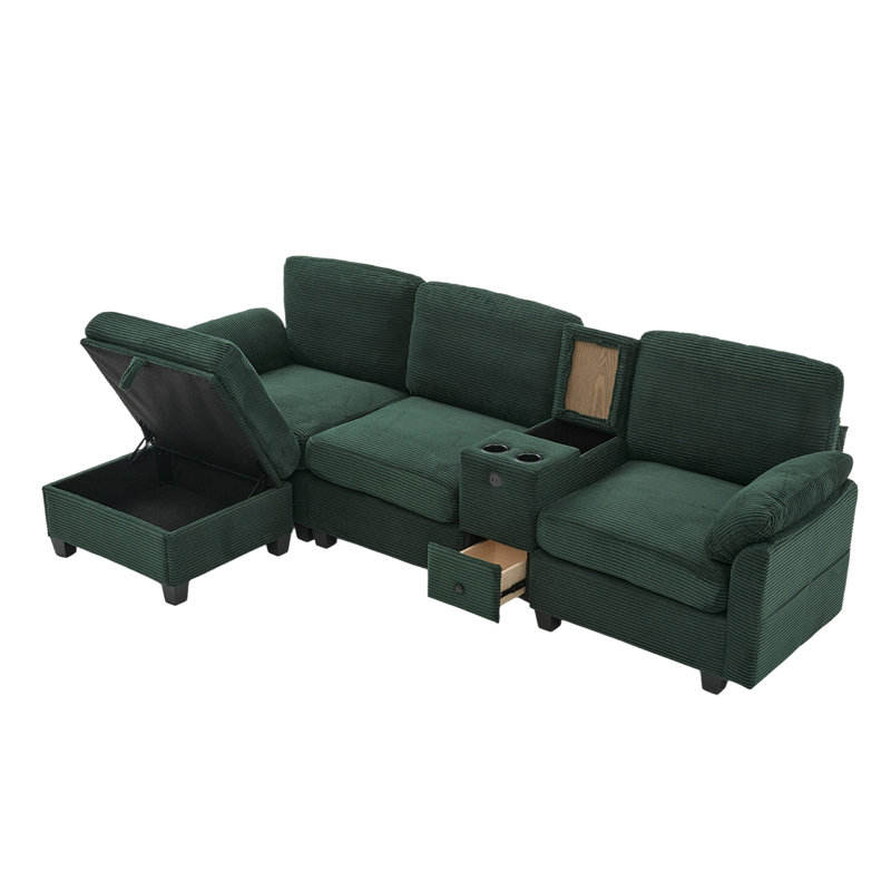 Sectional Sofa With Ottoman, Emerald Green Corduroy