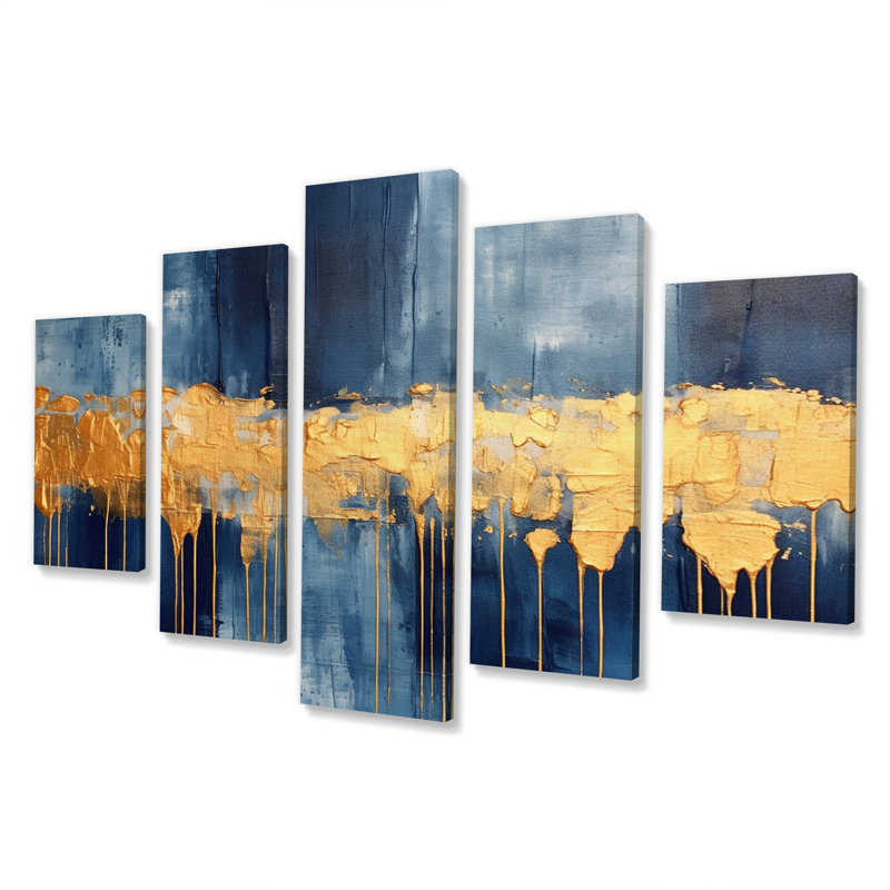 «Waves Of Joy Minimal Nova Blue and Gold II», reproduction sur toile abstraite - 5 panneaux