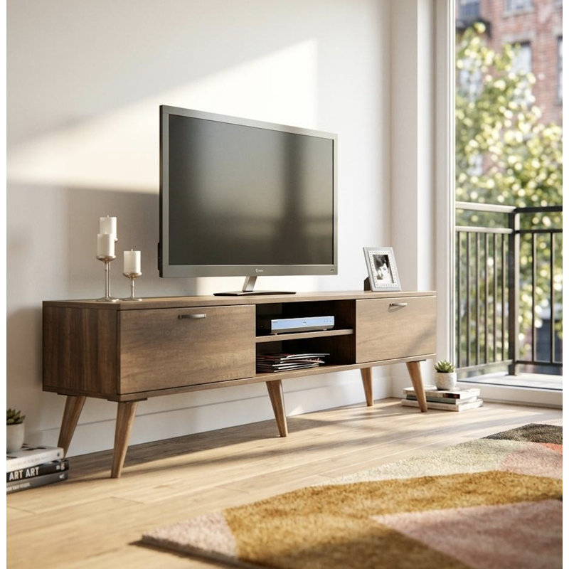 Meuble télé Juback de style Mid-Century moderne de 71 po pour téléviseur de 80 po ou moins, centre de divertissement avec gestion des câbles, finition en bois de noyer