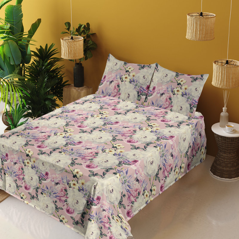Ambesonne Watercolor Botany Sheet Set 4 Pcs Retro Boho Bloom, Ivory Pastel Pink Floral