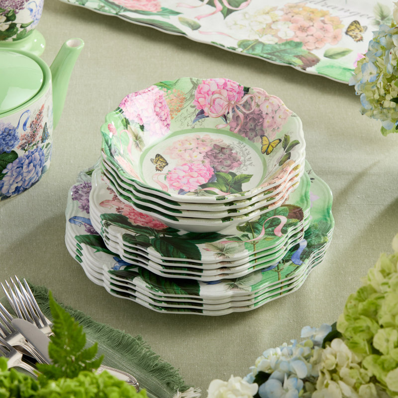 Garden Path 12-Piece Melamine Dinnerware Set – Elegant Hydrangea Floral Design – Service for 4 with Durable, Lightweight, and Dishwasher-Safe Plates & Bowls for Cottage & Outdoor Dining