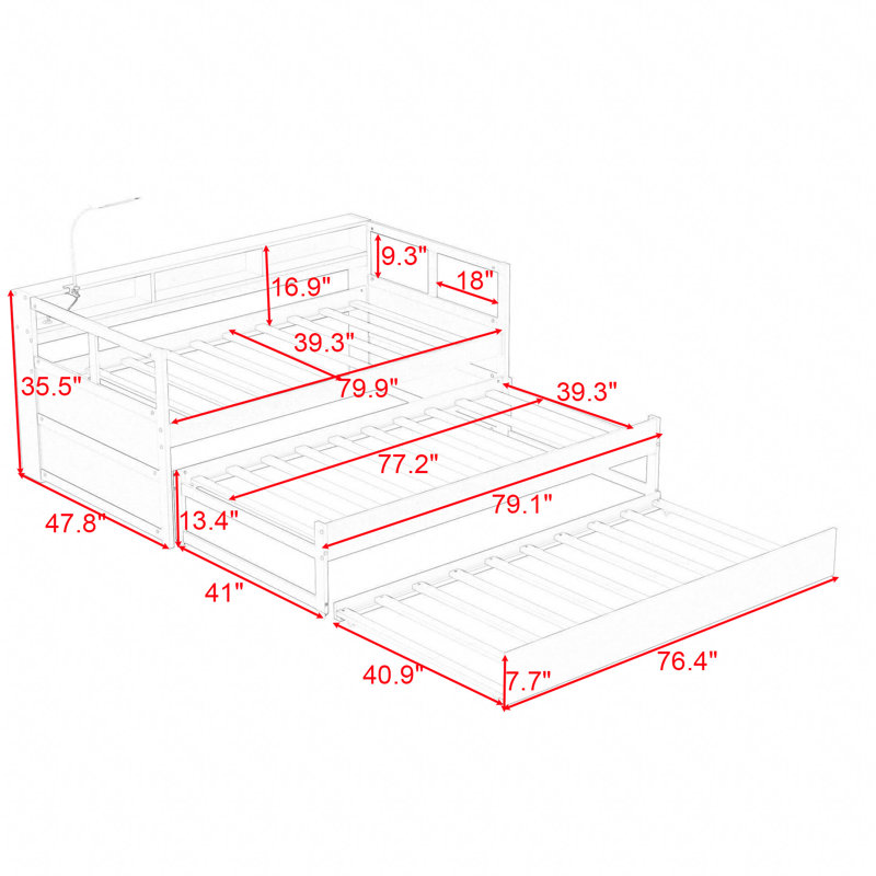 Dhruv Extra-long Twin Daybed with Trundle, Gray