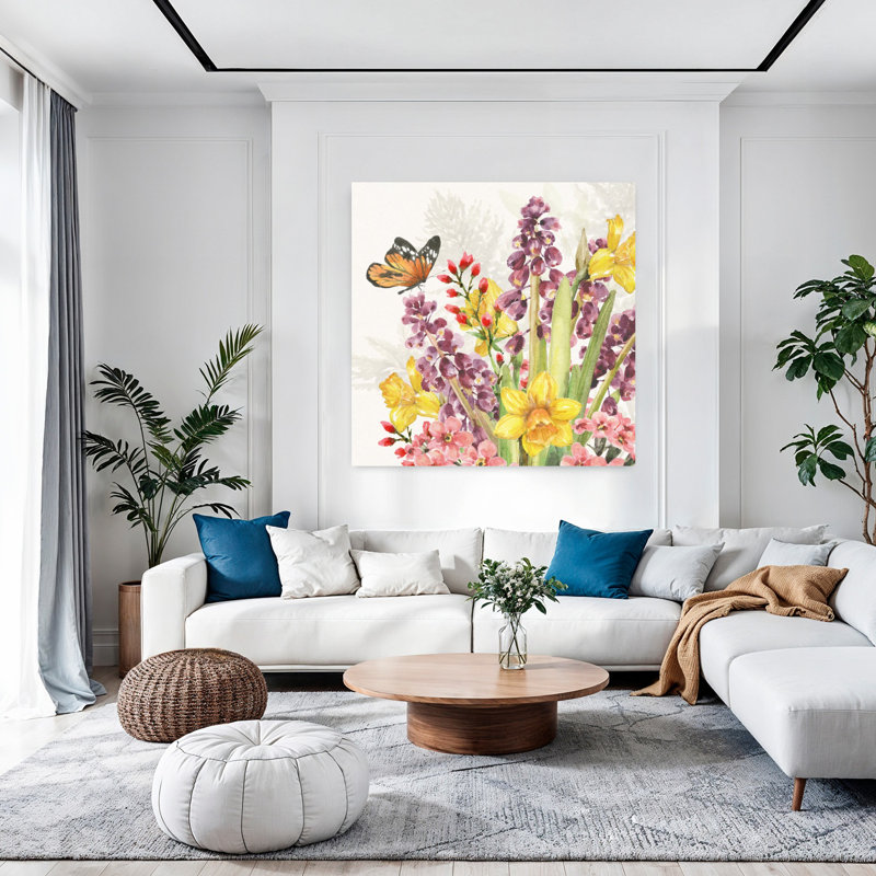 «Fresh Petals VI Contemporary Butterfly Flower Spring», art mural, H 48 po x l 48 po