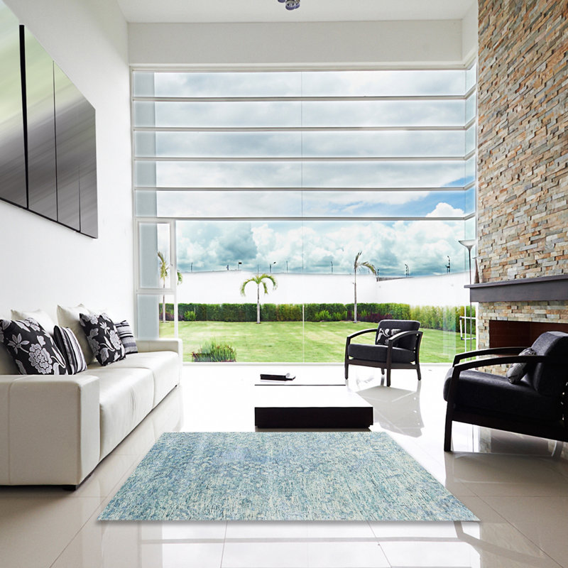 Tapis bleu/blanc contemporain, Carré 3 pi