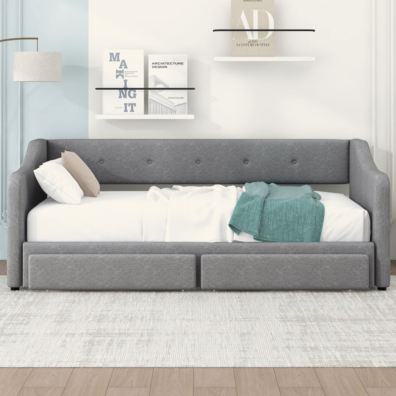 Lit de jour simple tapissier très grand avec deux tiroirs, Gris