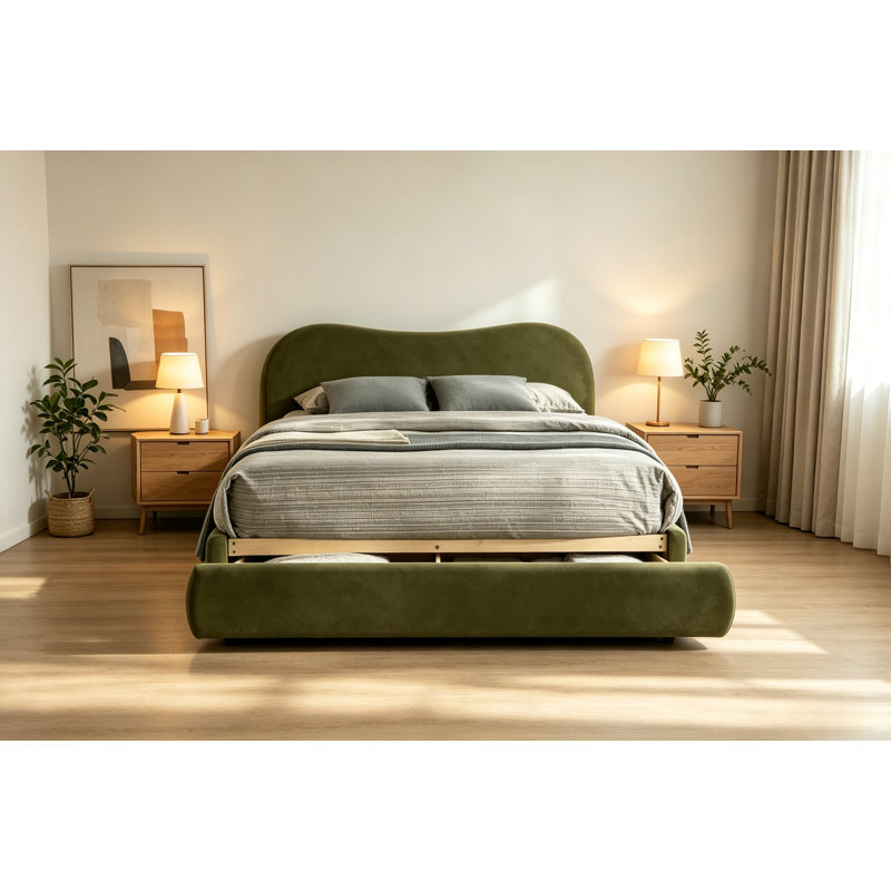 Lit 1 pièce Boucle, tête de lit courbée avec rangement FB, Grand lit, Vert olive