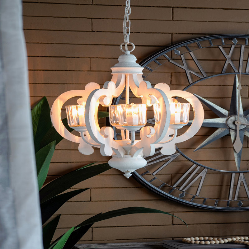 Luminaire suspendu en bois de style campagnard à 6 lumières Chandelier, Beige