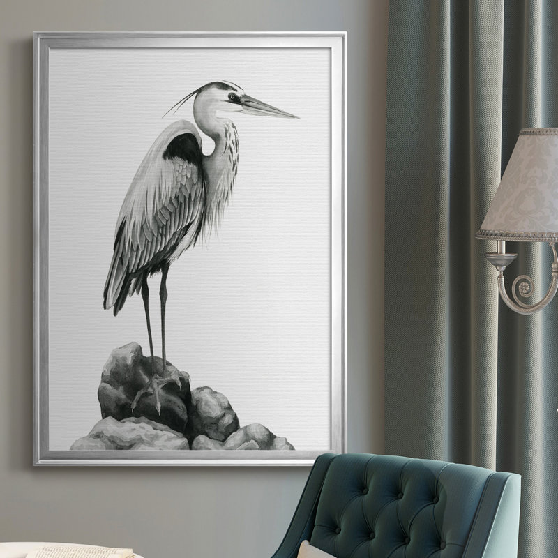 Shoreline Heron en toile de qualité supérieure - Prêt à accrocher, H 36,5 po x l 26,5 po x P 1 po, Cadre argenté