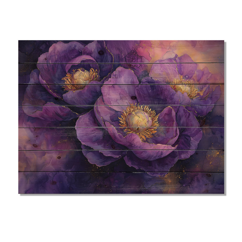 Fleurs de pivoines dorées lavande Serenity I - impression de pivoines sur bois de pin naturel, H 24 po x l 32 po x P 0,78 po