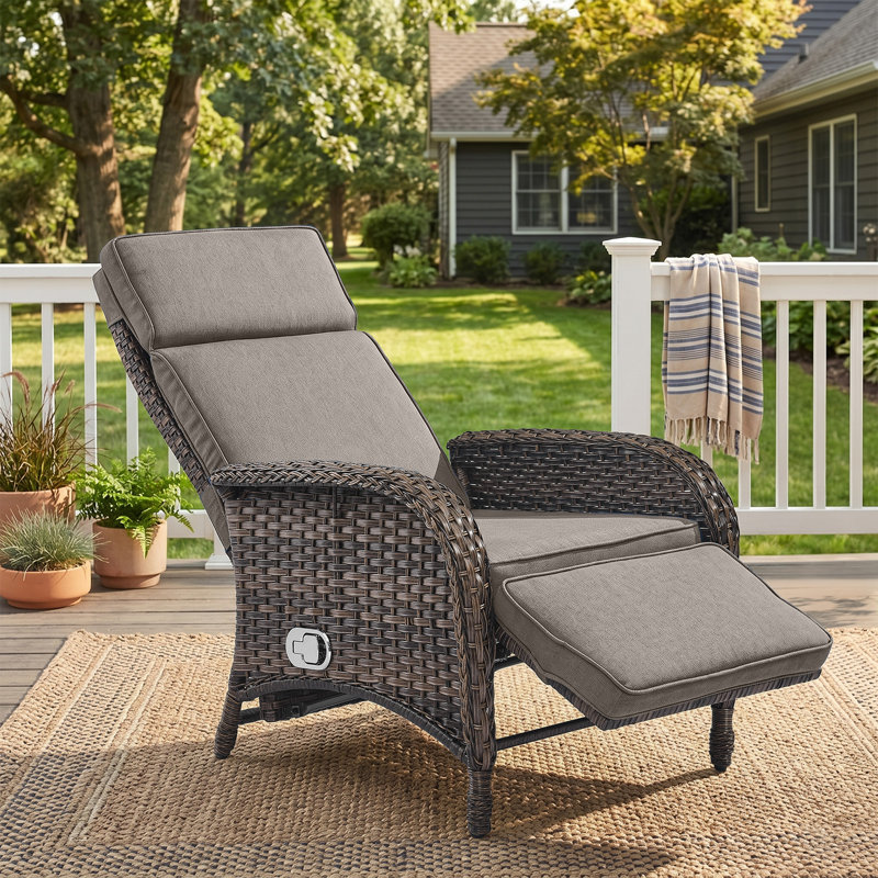 Serita Outdoor PE Wicker Adjustable Reclining Lounge Chair With Cushions, Gray