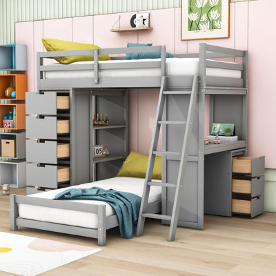 Jacquelina Kids Twin over Twin 8 Drawers Wooden Bunk Bed with LED Light and USB Ports