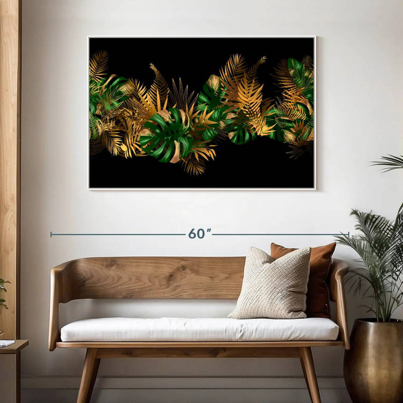 Feuilles dorées et vertes, Cadre flottant blanc, 46 po x 31 po