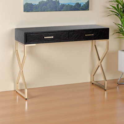 Quietude 2 Drawer Console Table Brown Faux Leather and Gold Finish, 29.91" H X 41.05" W X 14.66" D