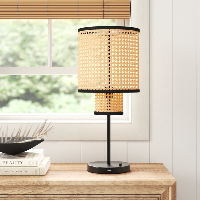 Nakuv 22.44'' Rattan and Velvet Table Lamp with USB and Outlet