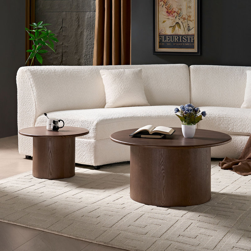 Ensemble de 2 tables basses rondes en noyer, cadre en MDF, pour le salon / appartement / espace de loisirs