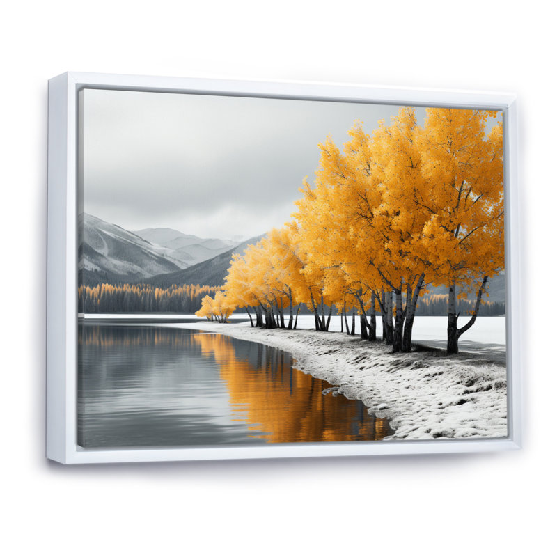Symphonie de l'arbre monochrome jaune et gris II - impression, Cadre flottant blanc, H 12 po x l 20 po x P 1 po