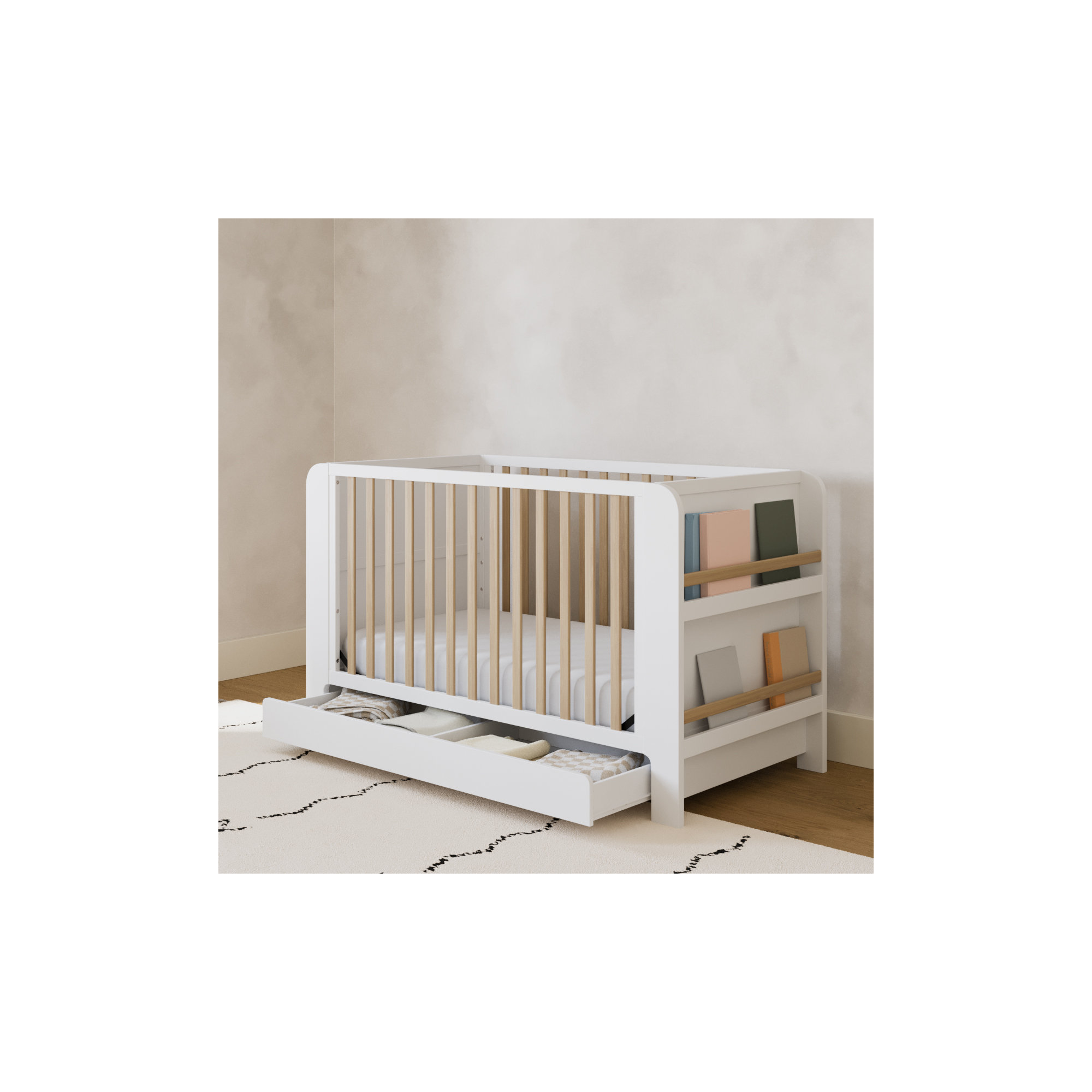Read-With-Me 4-In-1 Convertible Crib With Drawer, Crib + Mattress + Protector, White/Driftwood