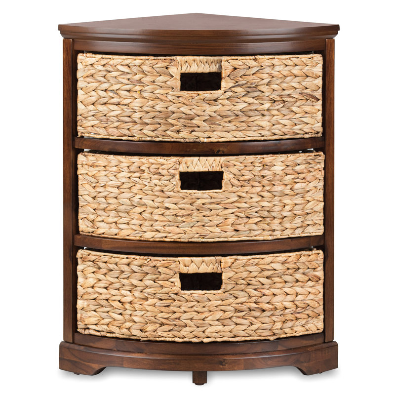 Breunig Solid Wood 3 Drawer X-Side Corner Storage Drawer with 3 Wicker Baskets, Quarter Round, For Small Spaces, Walnut