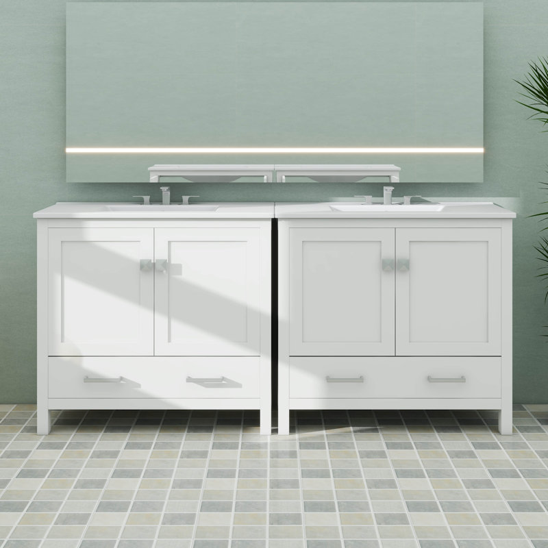 Meuble-lavabo chic 72 po avec lavabo en céramique, portes à fermeture en douceur, tablettes de rangement doubles et tiroir cloisonné