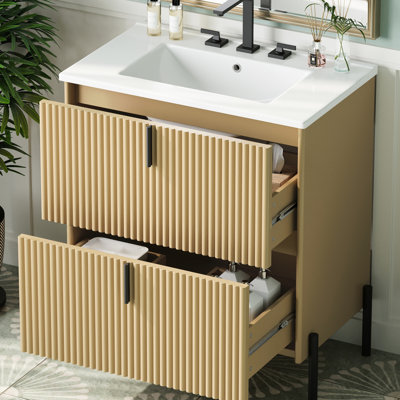Meuble-lavabo de 30 pouces avec lavabo en céramique, deux tiroirs divisés et glissières de tiroir à fermeture en douceur pour un rangement efficace avec système