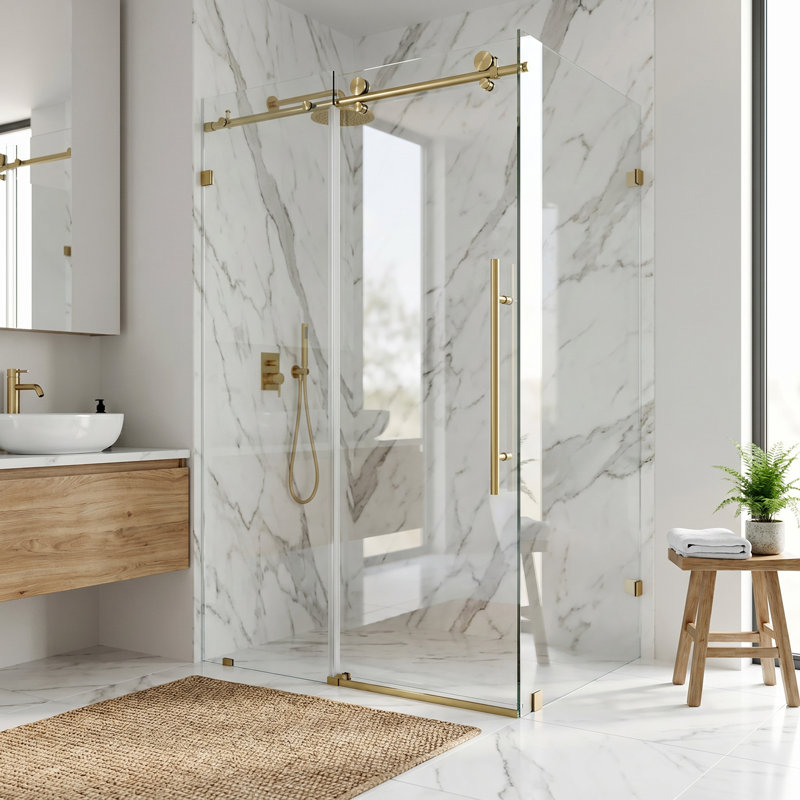 Cabine de douche coulissante sans cadre avec verre transparent 3/8 po de l 46 po x P 34 po x H 76 po Elan, Or brossé mat