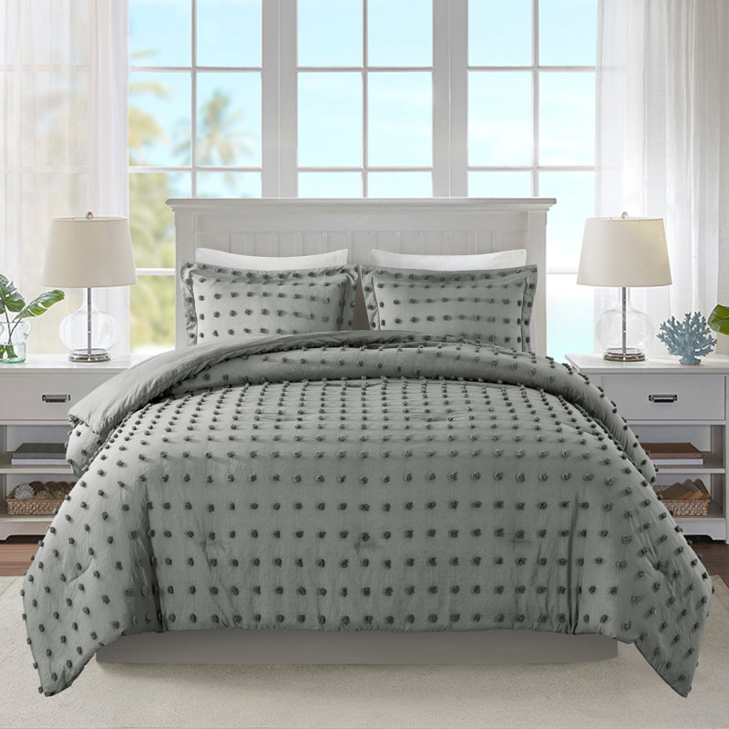 Ring Stitch Comforter, Queen Comforter + 2 Standard  Shams, Dark Gray