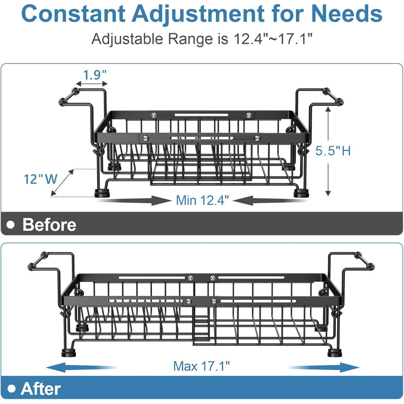 Expandable in Sink Dish Drying Rack - Adjustable Capacity (12.4''-17.1''L) Over The Sink Dish Drainer Drying Rack for Kitchen Counter and Sink, Dish Rack with Utensil Holder
