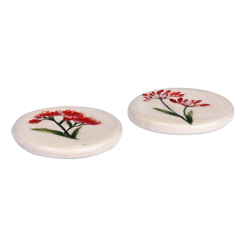 Novica Handmade Red Blooms Ceramic Magnets (Pair)